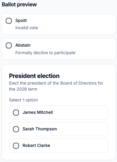 Ballot preview showing cryptographically secured vote structure