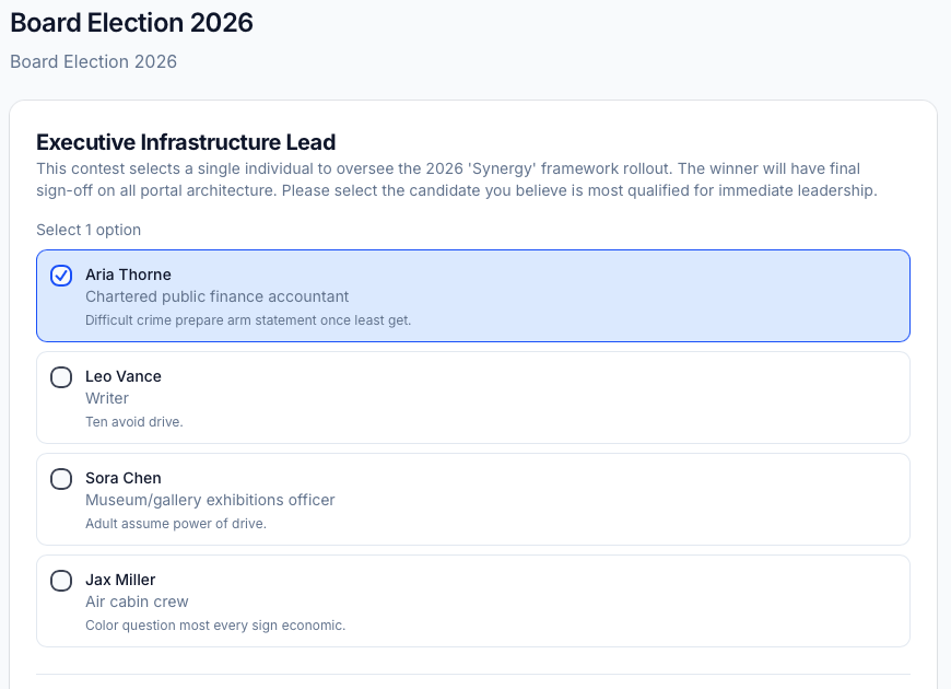 Voting interface showing a plurality ballot with candidate options