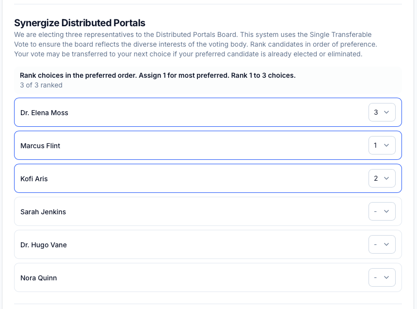 Preferential voting interface showing ranked choices